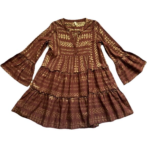 Elan Tiered Dress Womens Medium Brown Gold Babydoll Bell Sleeves Pull Over Boho - Picture 9 of 9